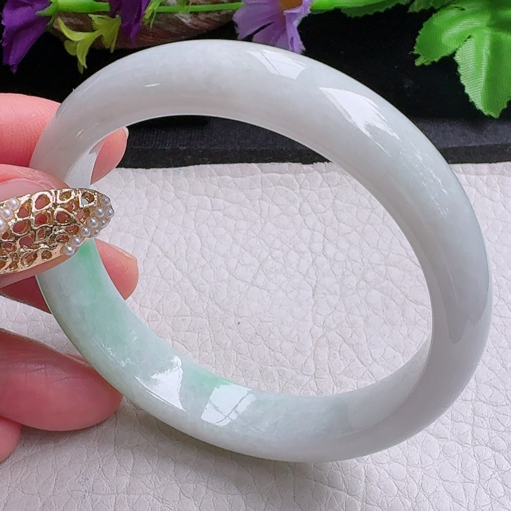 xx实拍55*12*7.2平安镯 缅甸翡翠a货手镯飘绿细润正圈玉镯子