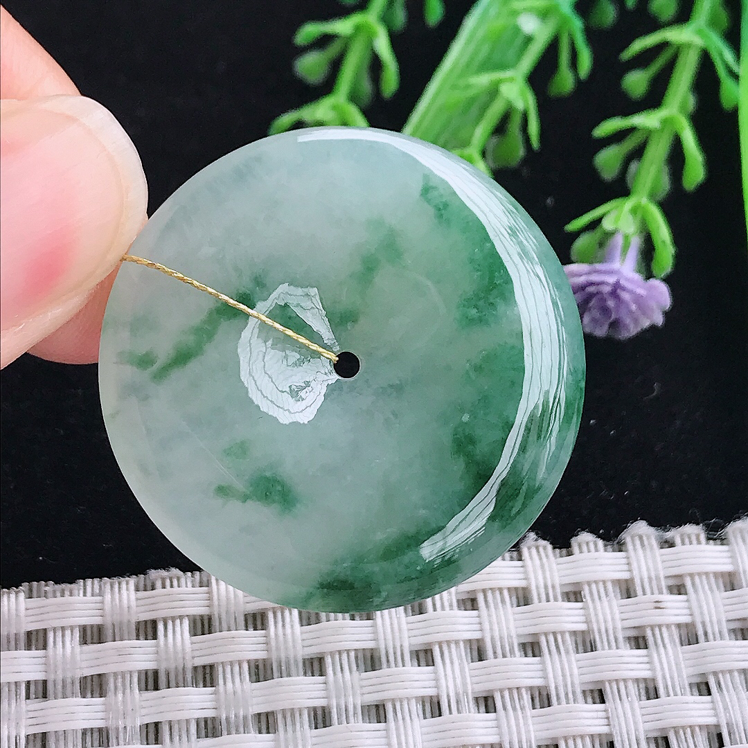 实拍A货翡翠34.7/5.6老坑冰胶飘花平安扣吊坠翡翠玉扣挂件