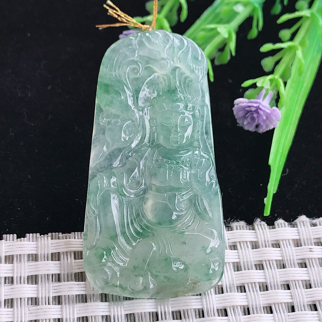 实拍A货翡翠49/25.2/6.5老坑冰晴观音菩萨吊坠翡翠玉坠挂件