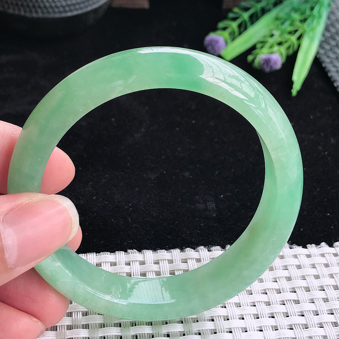 实拍A货翡翠57/13.6/8老坑冰胶果冻冰晴满绿手镯翡翠玉镯平安镯