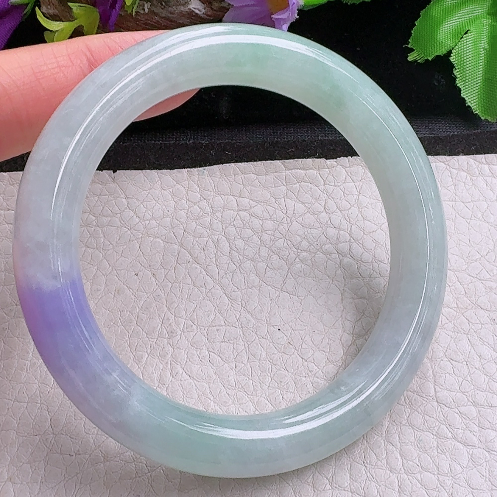 ss实拍59*11美人镯 缅甸翡翠a货手镯飘紫细润圆条玉镯子