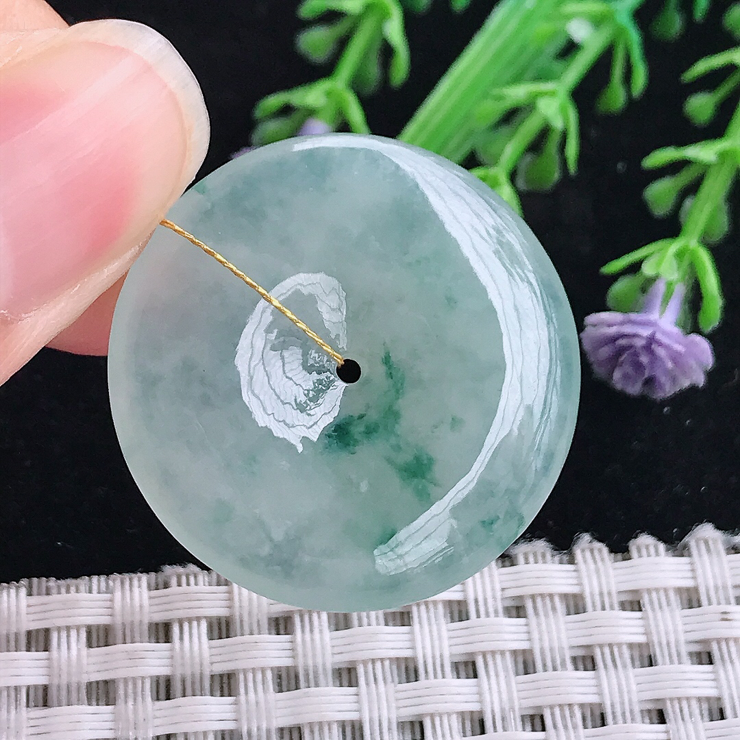 实拍A货翡翠30.6/5.4老坑冰胶飘花平安扣吊坠翡翠玉扣挂件