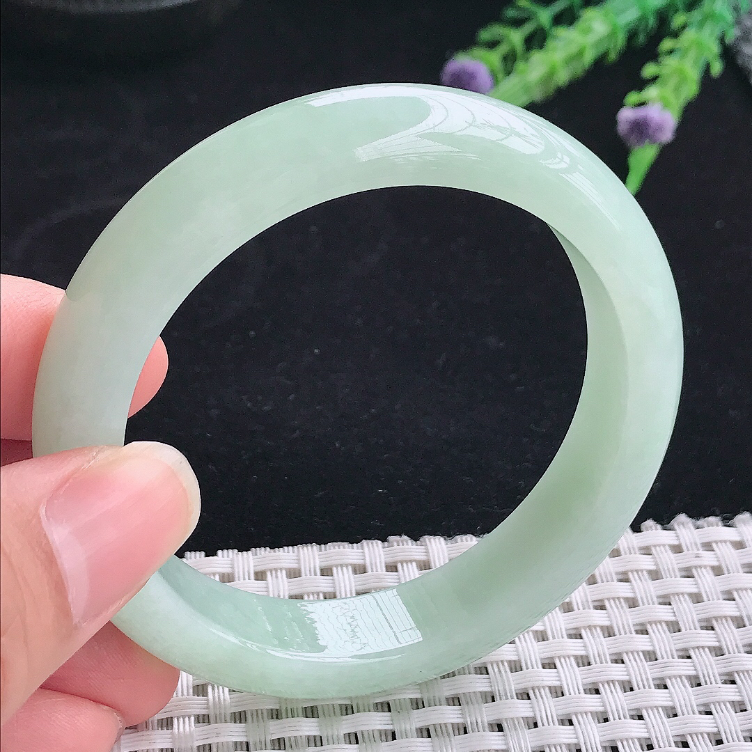 实拍A货翡翠55/12.7/8.5老坑冰润起胶冰晴绿手镯翡翠玉镯手环