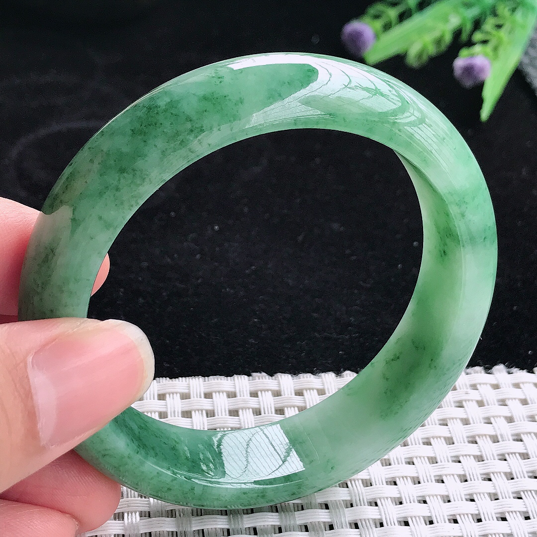 实拍A货翡翠57/15.5/8.5老坑冰润起胶飘花手镯翡翠玉镯平安镯