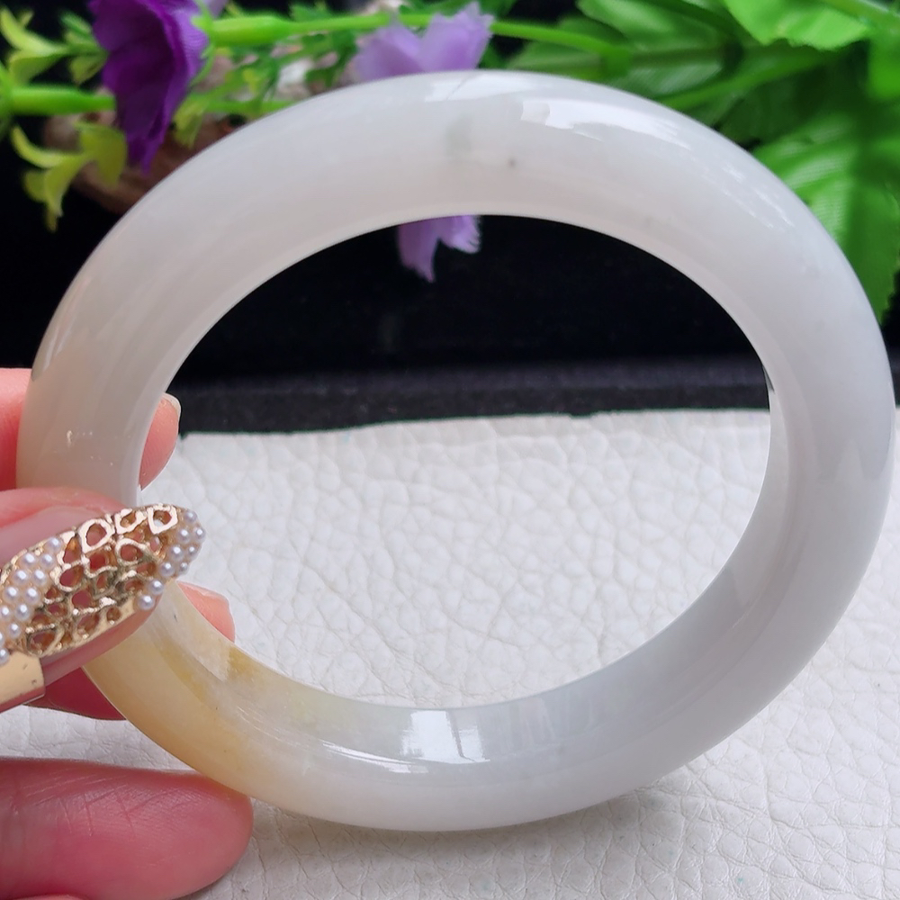 ss大圈口60*12.2*10.6招财镯 缅甸翡翠a货手镯半水冰黄正圈玉镯子