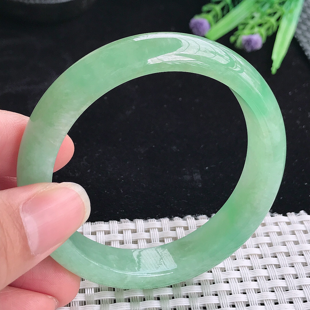 实拍A货翡翠57/13.6/8老坑冰胶果冻冰晴满绿手镯翡翠玉镯平安镯