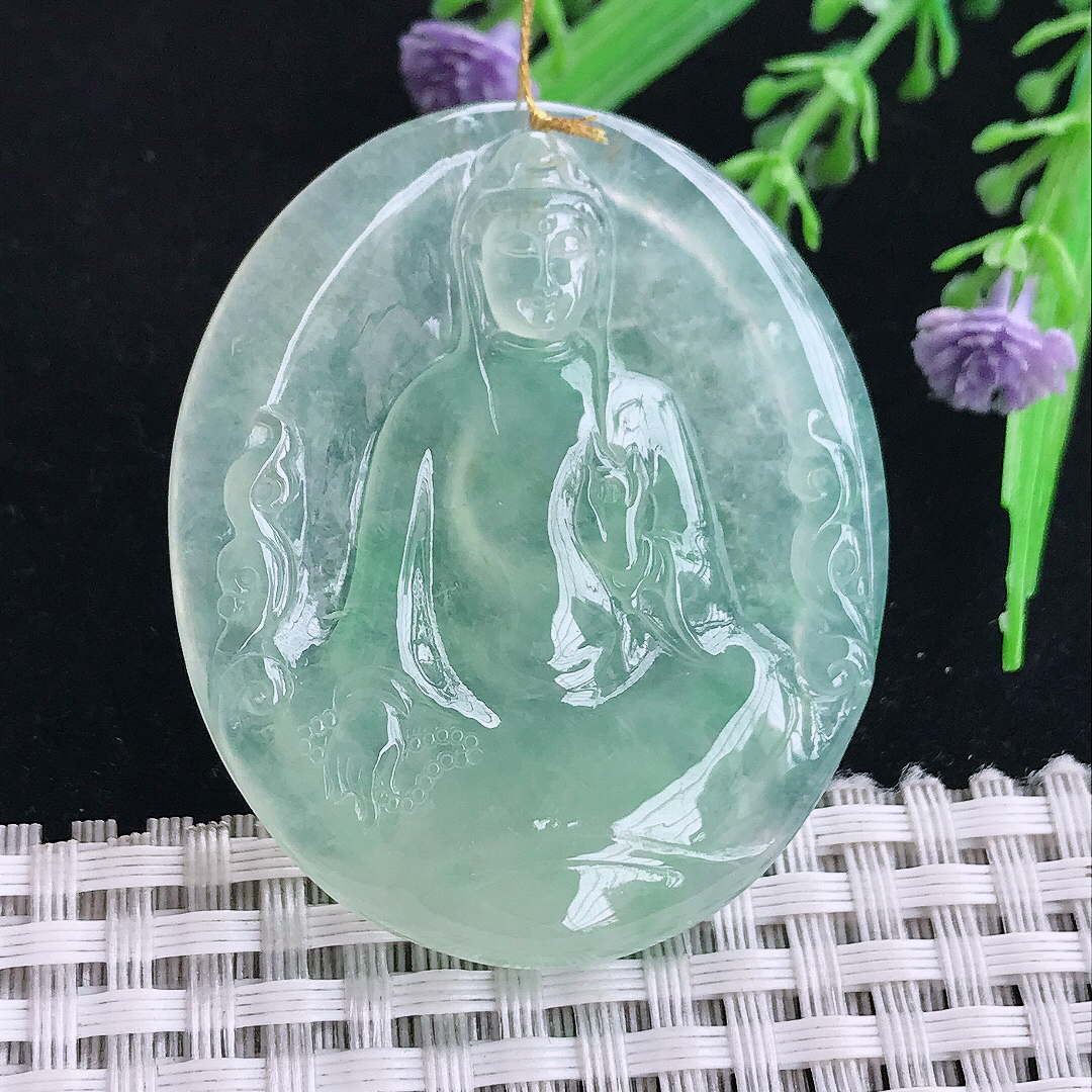 实拍A货翡翠47.5/40/6.3老坑冰胶果冻冰晴绿赐福观音吊坠翡翠玉观音挂件