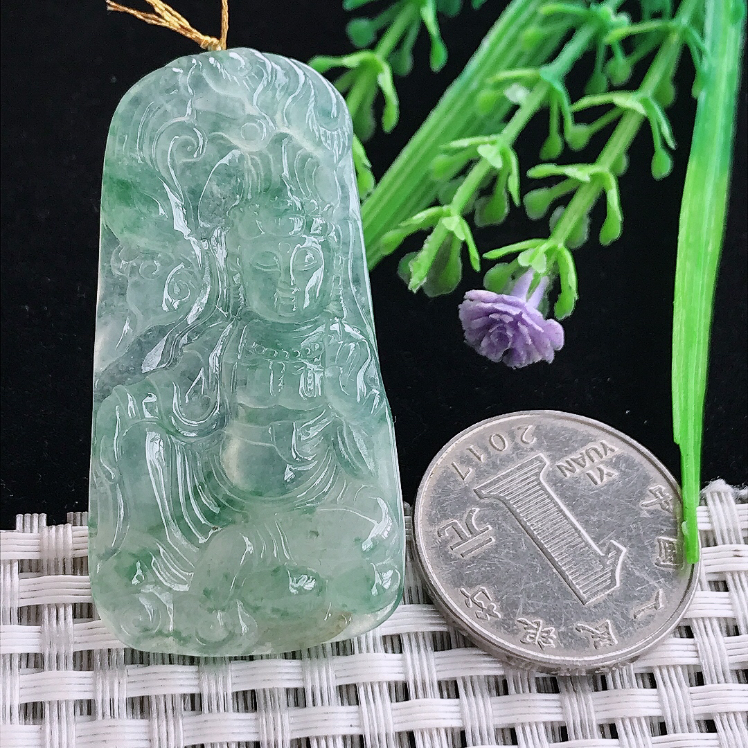 实拍A货翡翠49/25.2/6.5老坑冰晴观音菩萨吊坠翡翠玉坠挂件