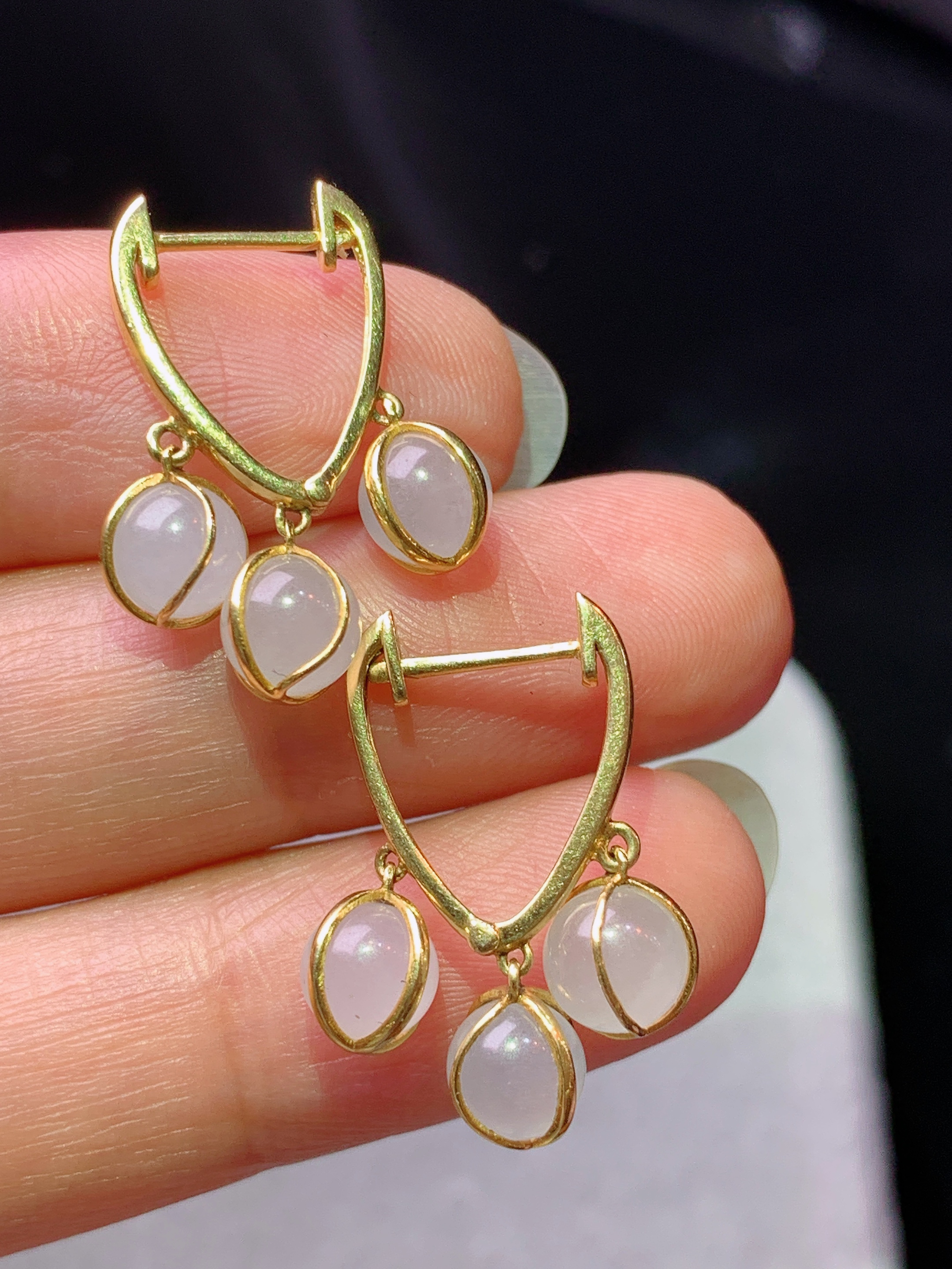 18k金镶嵌冰种圆珠组合耳坠 玉质细腻 色泽艳丽清新 水润亮眼 整体尺寸22.2*5.3x