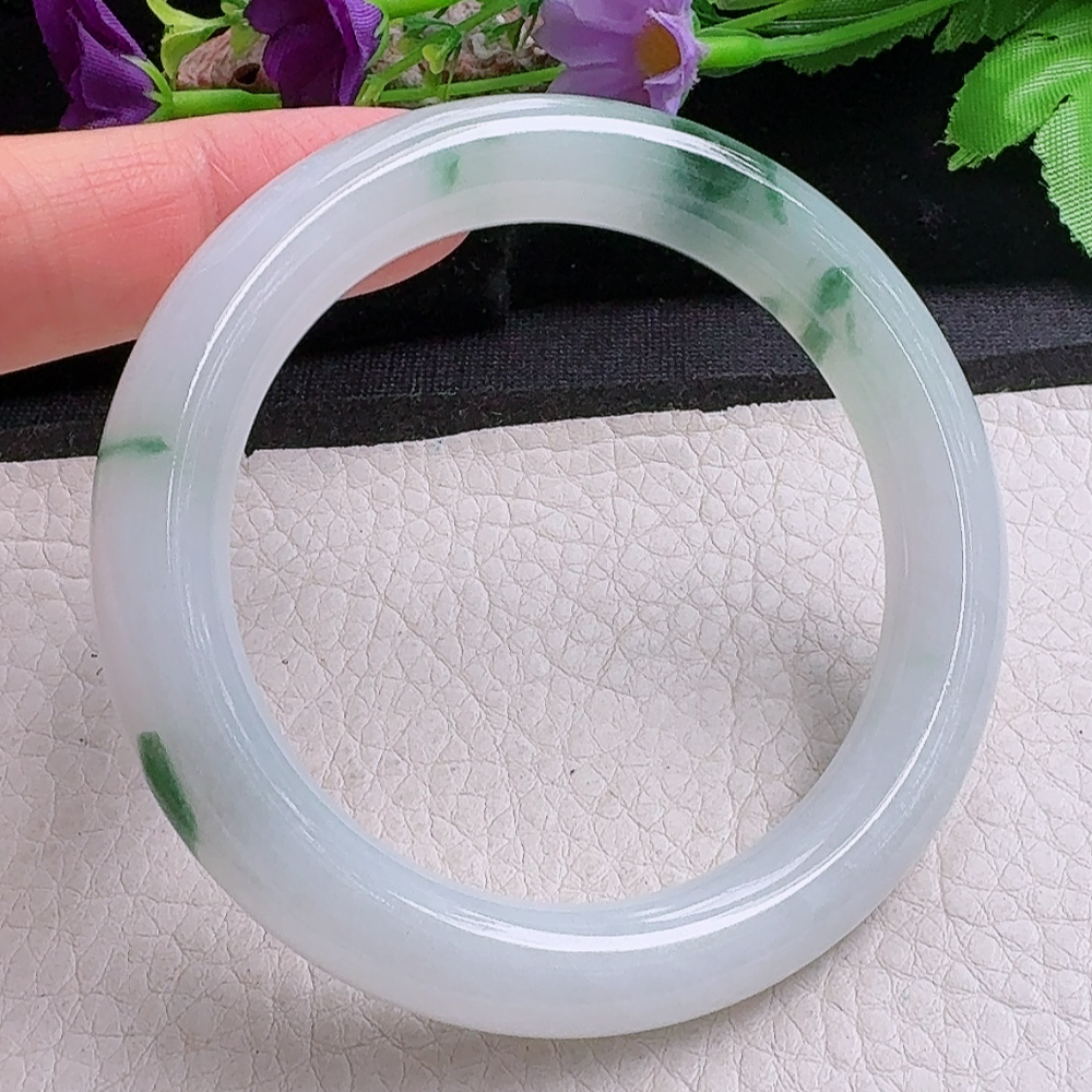 yh飘花款55*10.4*10.2美人镯 缅甸翡翠a货手镯冰飘花圆条玉镯子