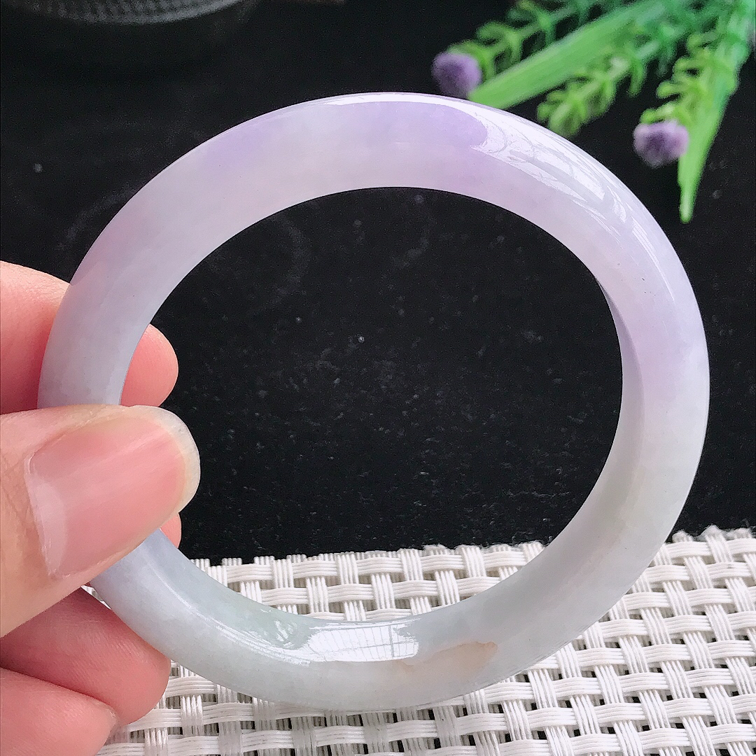 实拍A货翡翠55/10.3/8.5老坑精美冰润紫罗兰手镯宽边玉镯平安镯