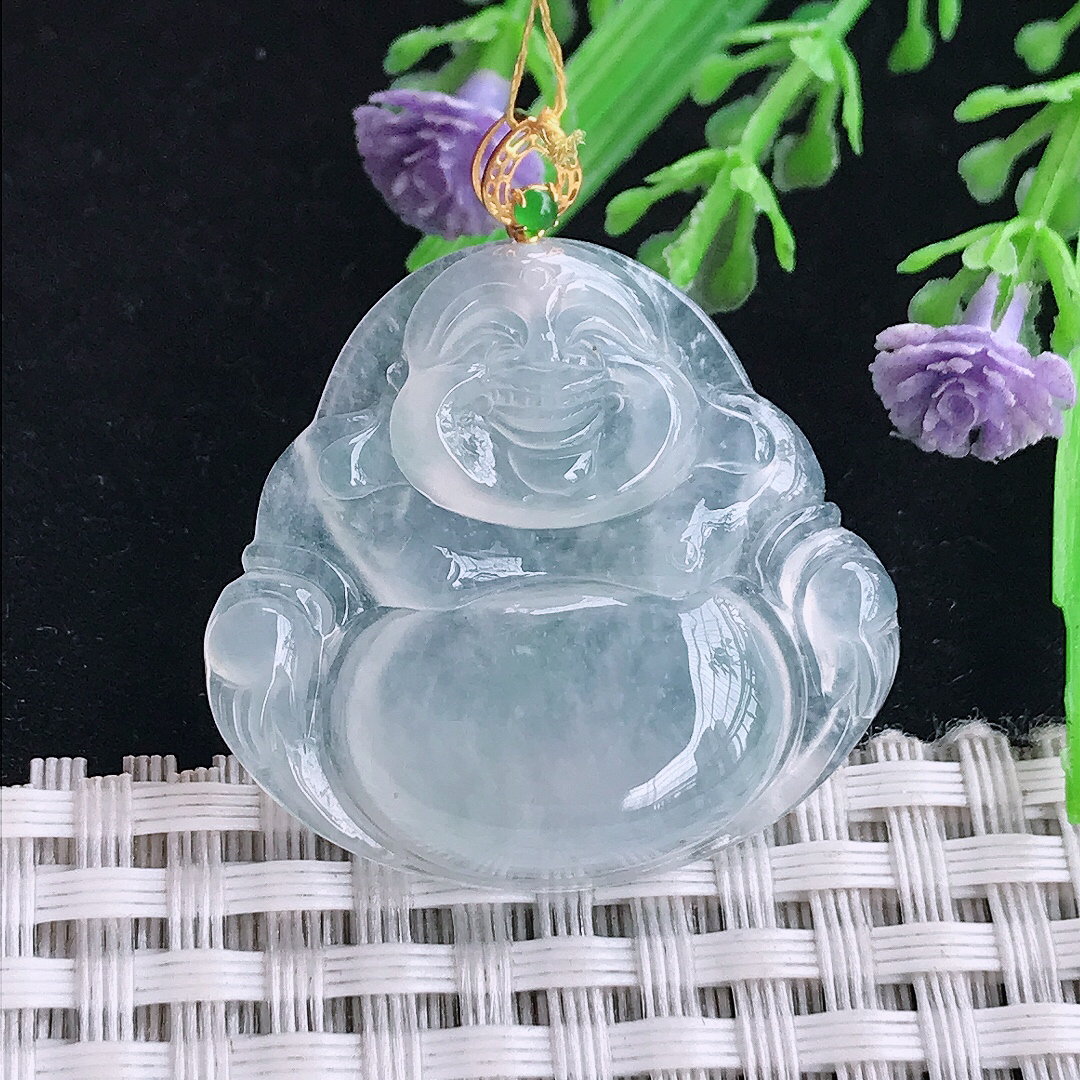 实拍A货翡翠29.8/31.8/5.5老坑18k金镶嵌冰种佛公吊坠翡翠玉坠挂件