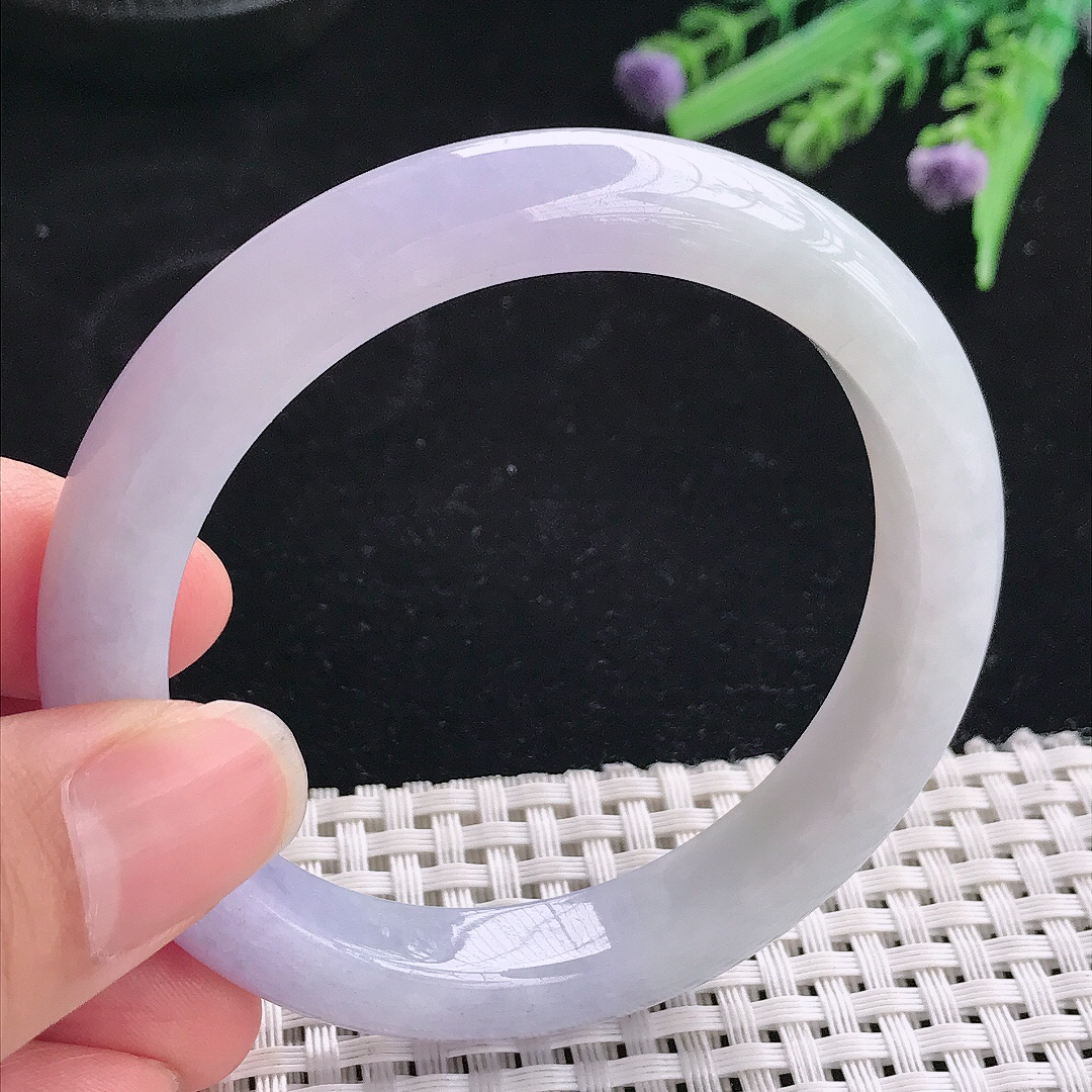 实拍A货翡翠55/10.3/8.5老坑精美冰润紫罗兰手镯宽边玉镯平安镯