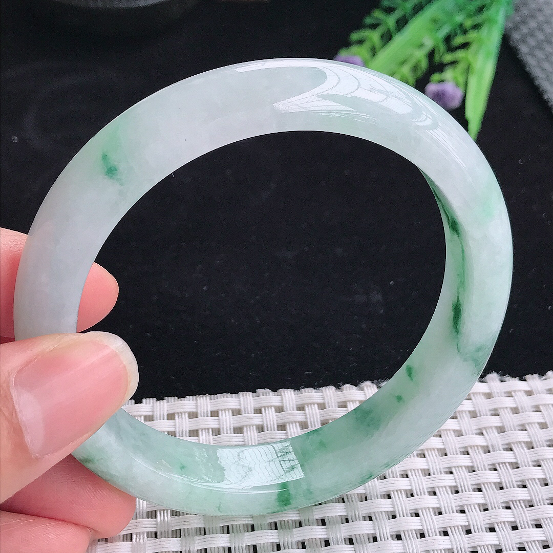 实拍A货翡翠62/12.9/8.8大圈口老坑冰胶冰飘花手镯翡翠玉镯平安镯