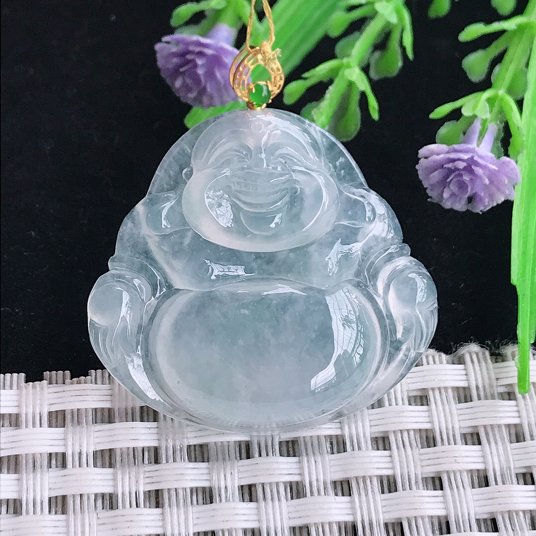 实拍A货翡翠29.8/31.8/5.5老坑18k金镶嵌冰种佛公吊坠翡翠玉坠挂件