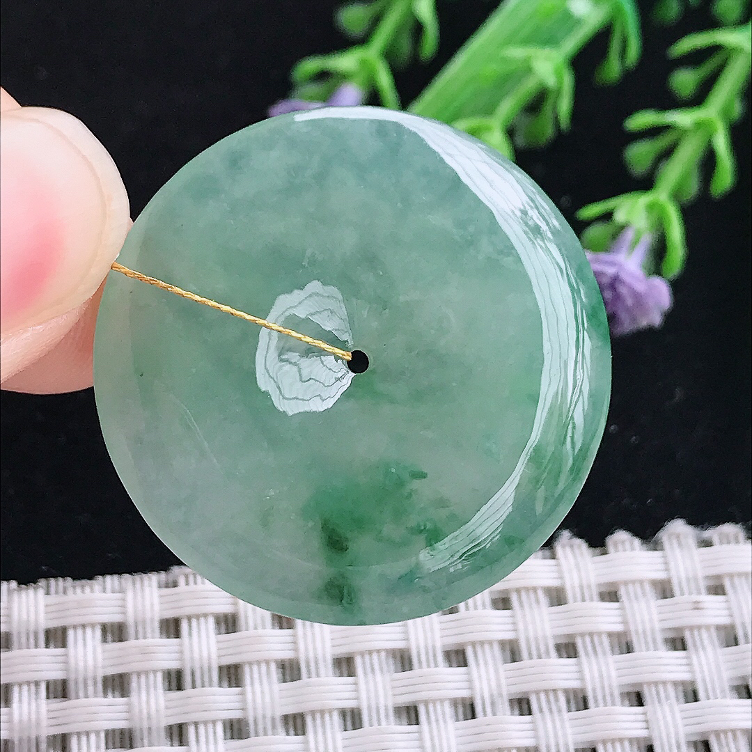 实拍A货翡翠33.3/5.2老坑冰胶冰晴绿飘花平安扣吊坠翡翠玉扣挂件