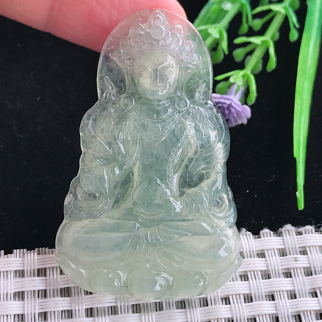 实拍A货翡翠52.8/34/4.8老坑冰胶冰晴绿度母菩萨吊坠翡翠玉坠挂件