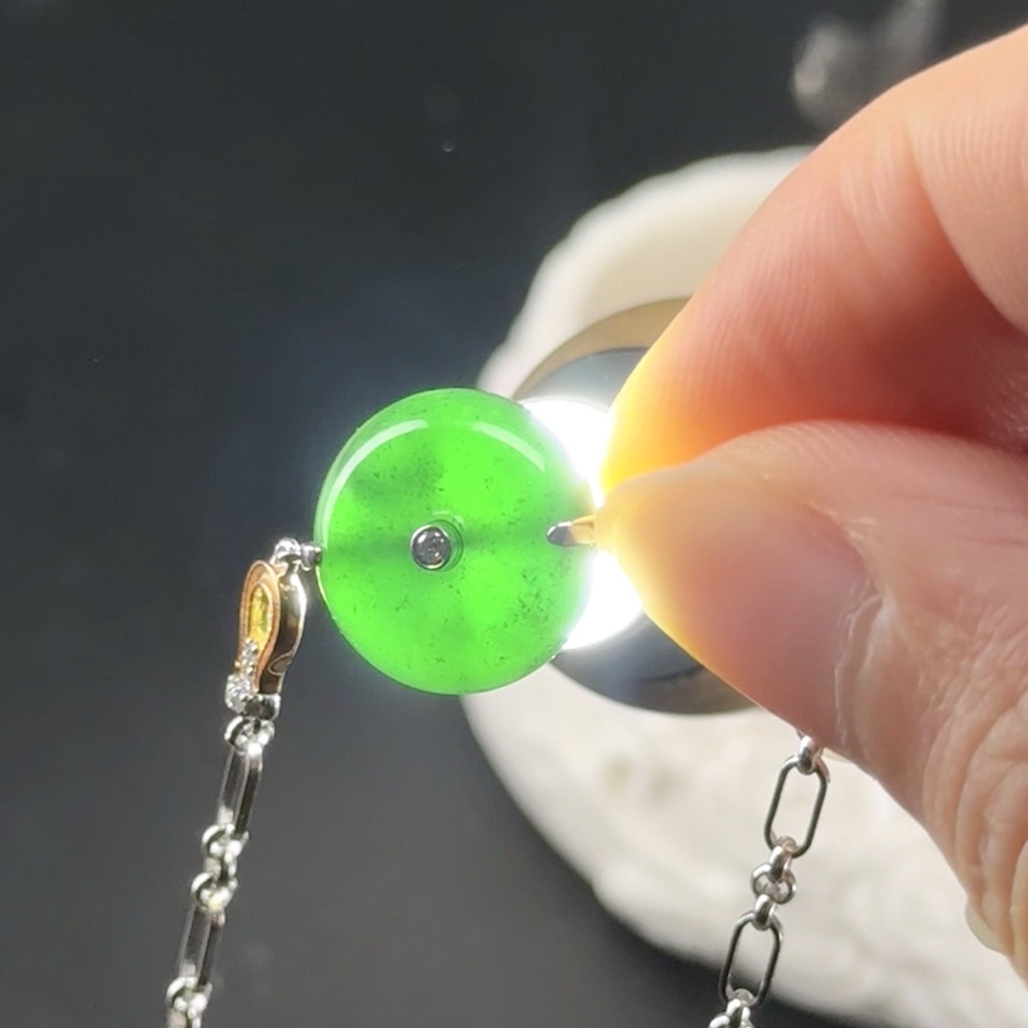 精品18k墨翠平安扣手链 重金豪镶 饱满大气 打灯通透 油性十足 尺寸13.3