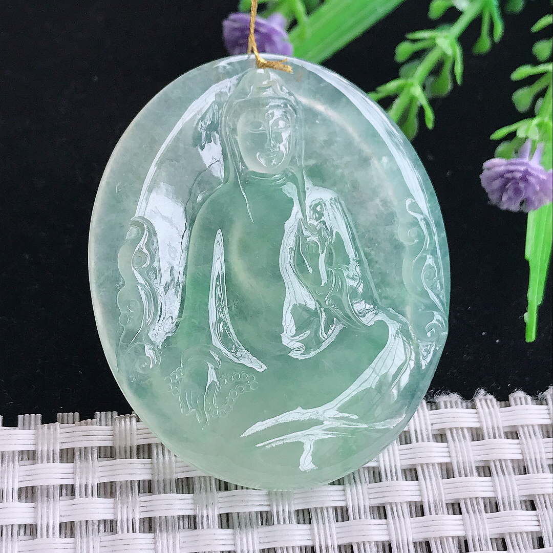 实拍A货翡翠47.5/40/6.3老坑冰胶果冻冰晴绿赐福观音吊坠翡翠玉观音挂件