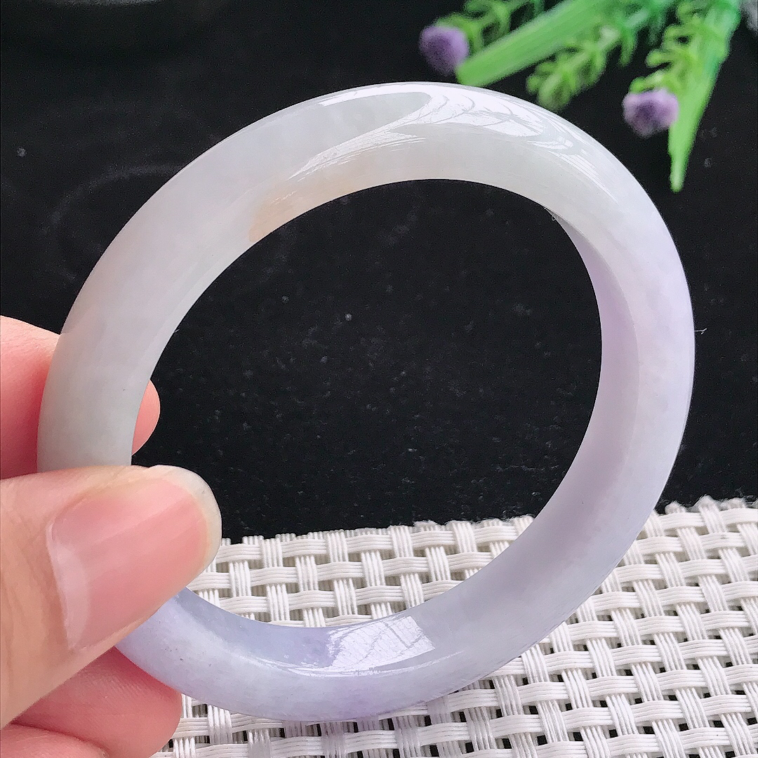 实拍A货翡翠55/10.3/8.5老坑精美冰润紫罗兰手镯宽边玉镯平安镯