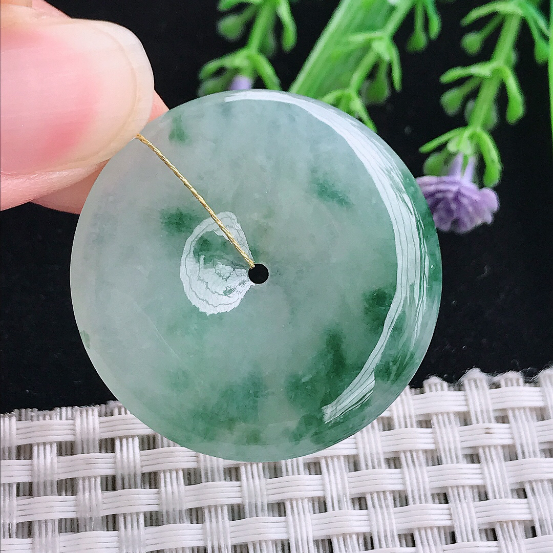 实拍A货翡翠34.7/5.6老坑冰胶飘花平安扣吊坠翡翠玉扣挂件