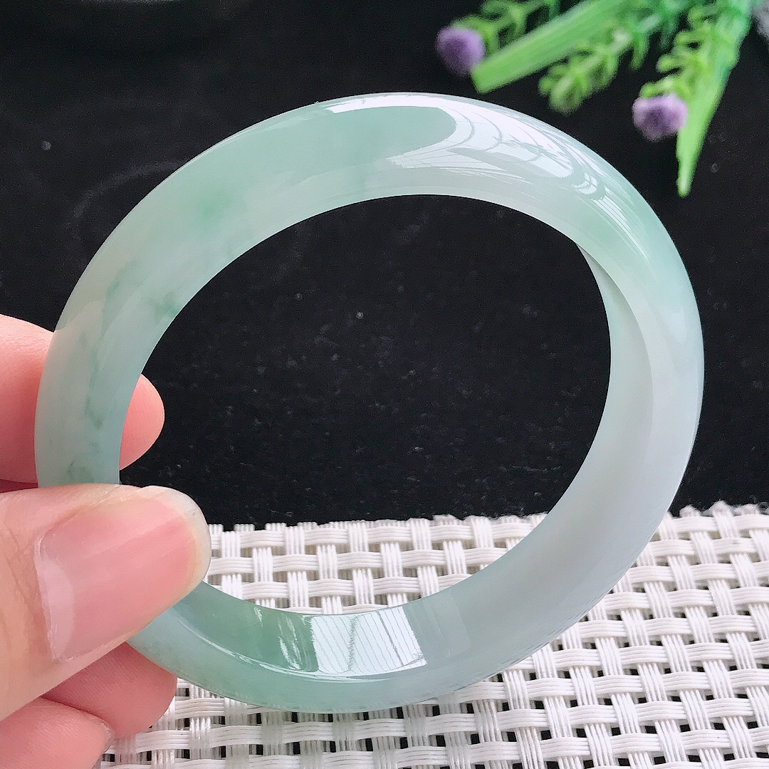 实拍A货翡翠56.5/13/8.2老坑冰胶果冻冰飘花手镯翡翠玉镯平安镯