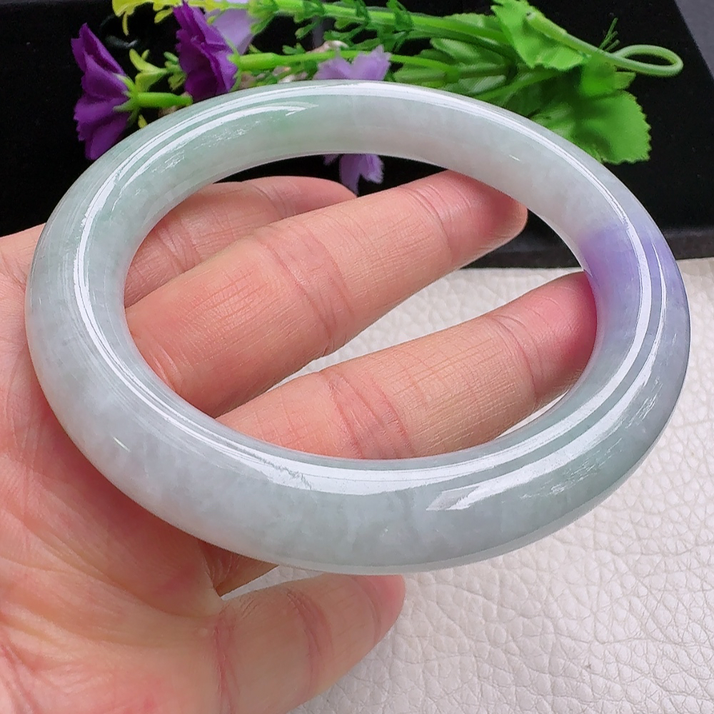 ss实拍59*11美人镯 缅甸翡翠a货手镯飘紫细润圆条玉镯子