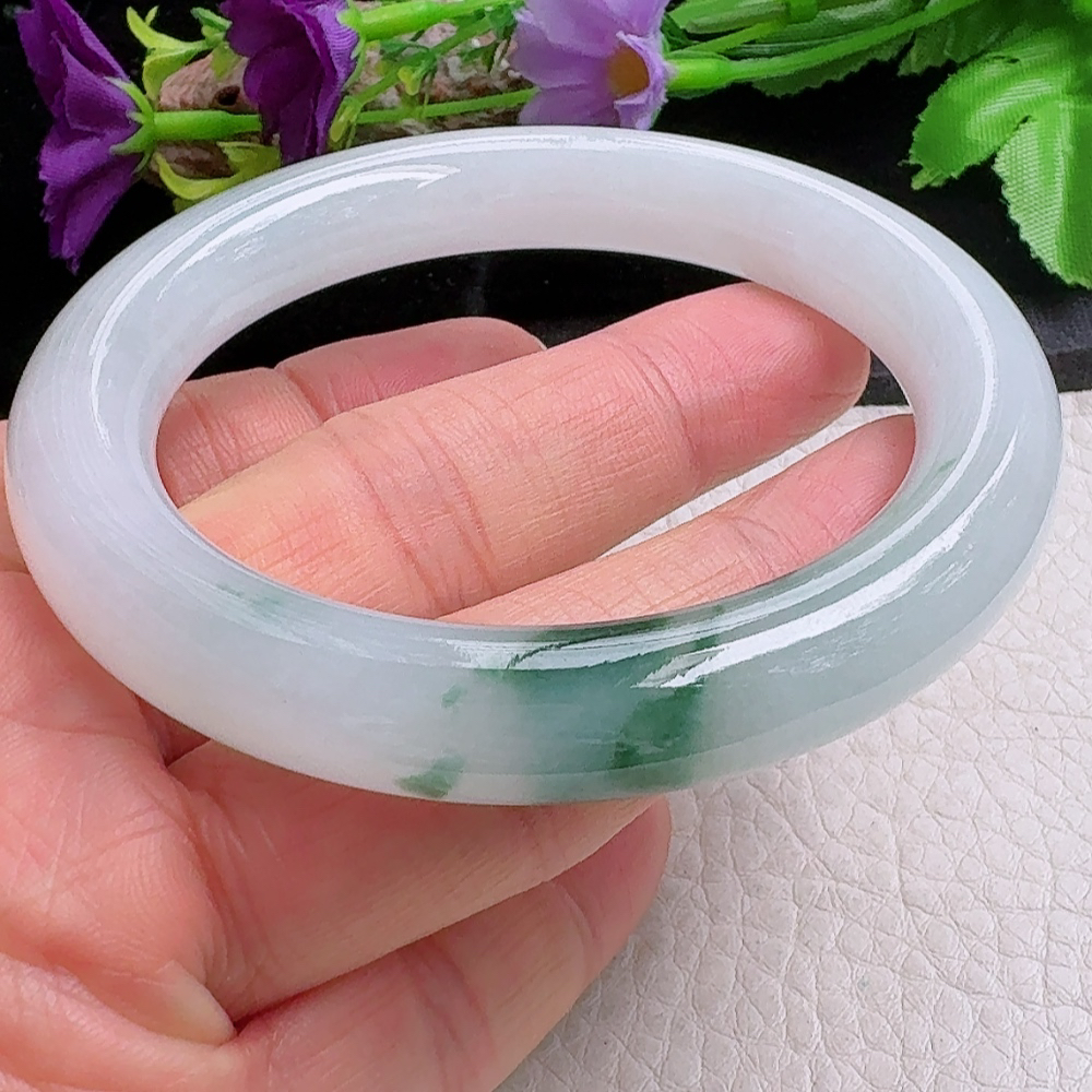 yh飘花款55*10.4*10.2美人镯 缅甸翡翠a货手镯冰飘花圆条玉镯子