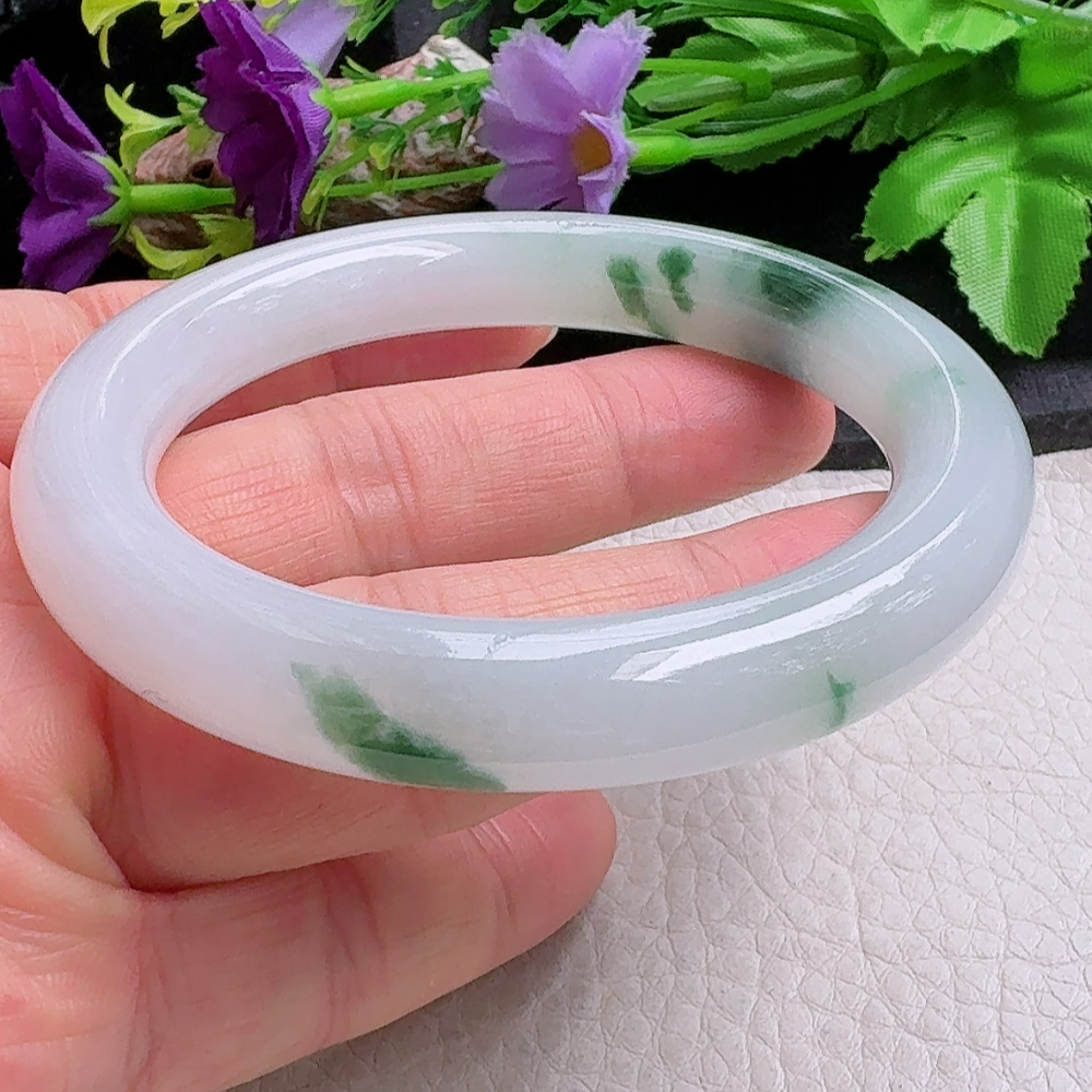 yh飘花款55*10.4*10.2美人镯 缅甸翡翠a货手镯冰飘花圆条玉镯子