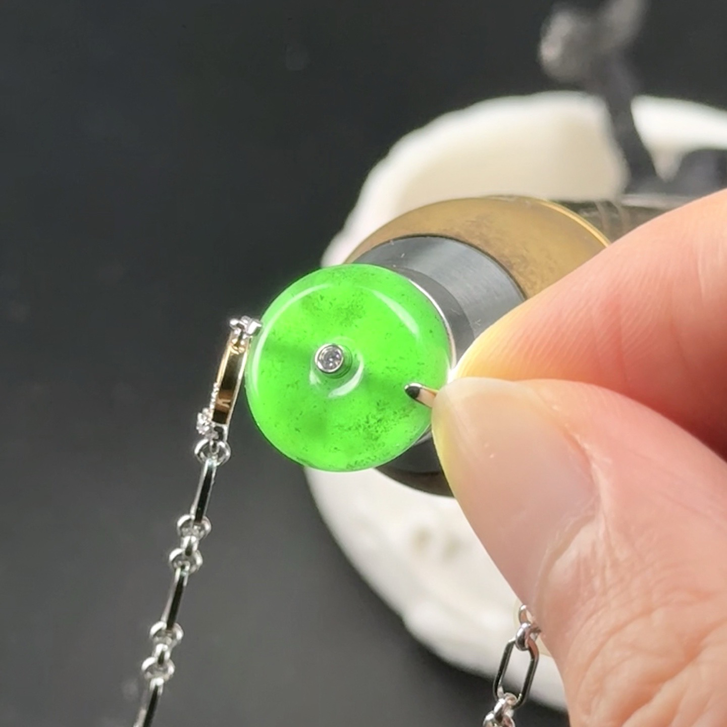 精品18k墨翠平安扣手链 重金豪镶 饱满大气 打灯通透 油性十足 尺寸13.3