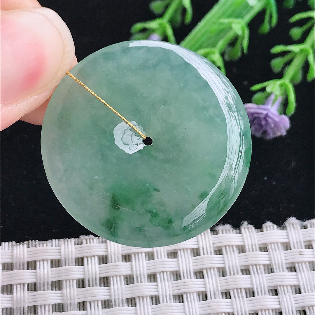 实拍A货翡翠33.3/5.2老坑冰胶冰晴绿飘花平安扣吊坠翡翠玉扣挂件