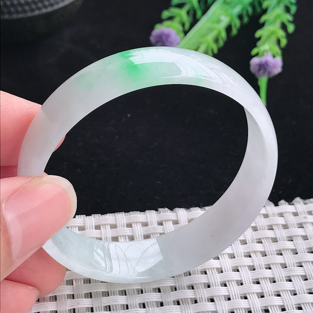 实拍A货翡翠51.5/13.3/4老坑冰润飘阳绿手镯宽边玉镯福镯平安镯