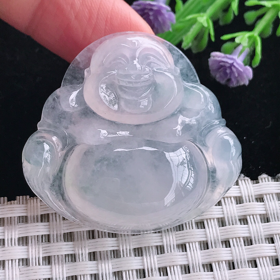 实拍A货翡翠38/41.3/8.6老坑冰种起胶白冰大佛公吊坠翡翠玉坠挂件