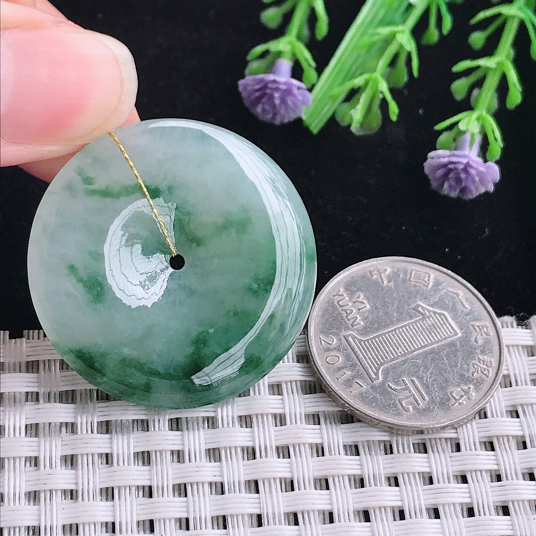 实拍A货翡翠34.7/5.6老坑冰胶飘花平安扣吊坠翡翠玉扣挂件