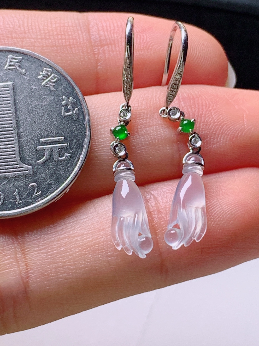 冰种佛手耳坠，无裂通透起光，裸石13.4/5.6/2.7