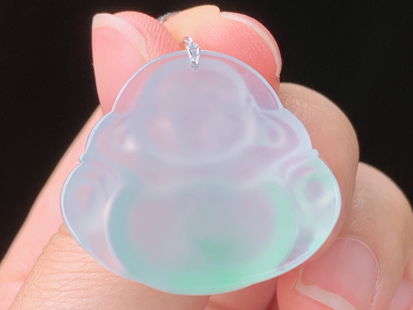 冰飘绿佛公，一刀切，翠色灵动，水润荧光，无裂，尺寸:25.5/27.2/5.9mm，24 Z