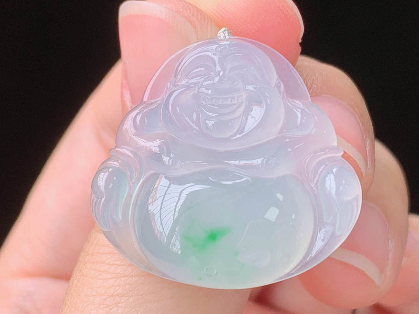 冰飘绿佛公，一刀切，翠色灵动，水润荧光，无裂，尺寸:25.5/27.2/5.9mm，24 Z