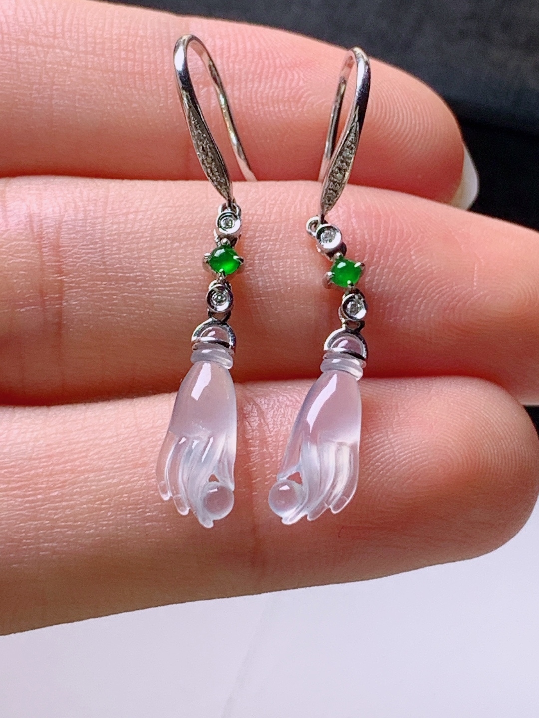 冰种佛手耳坠，无裂通透起光，裸石13.4/5.6/2.7