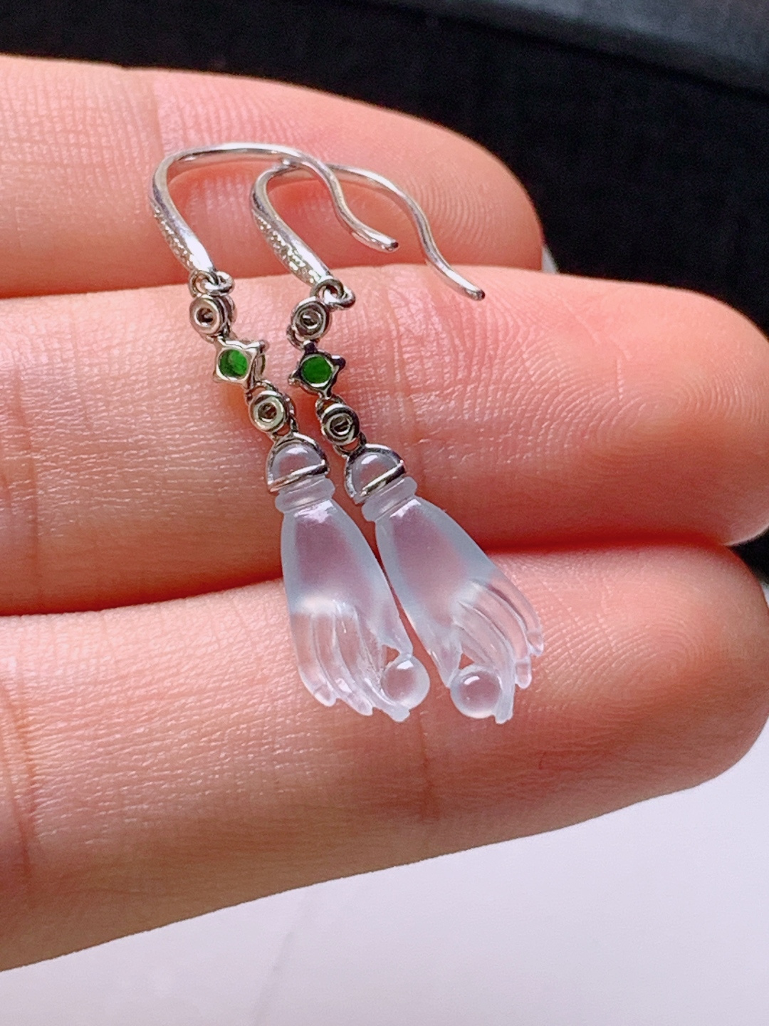 冰种佛手耳坠，无裂通透起光，裸石13.4/5.6/2.7