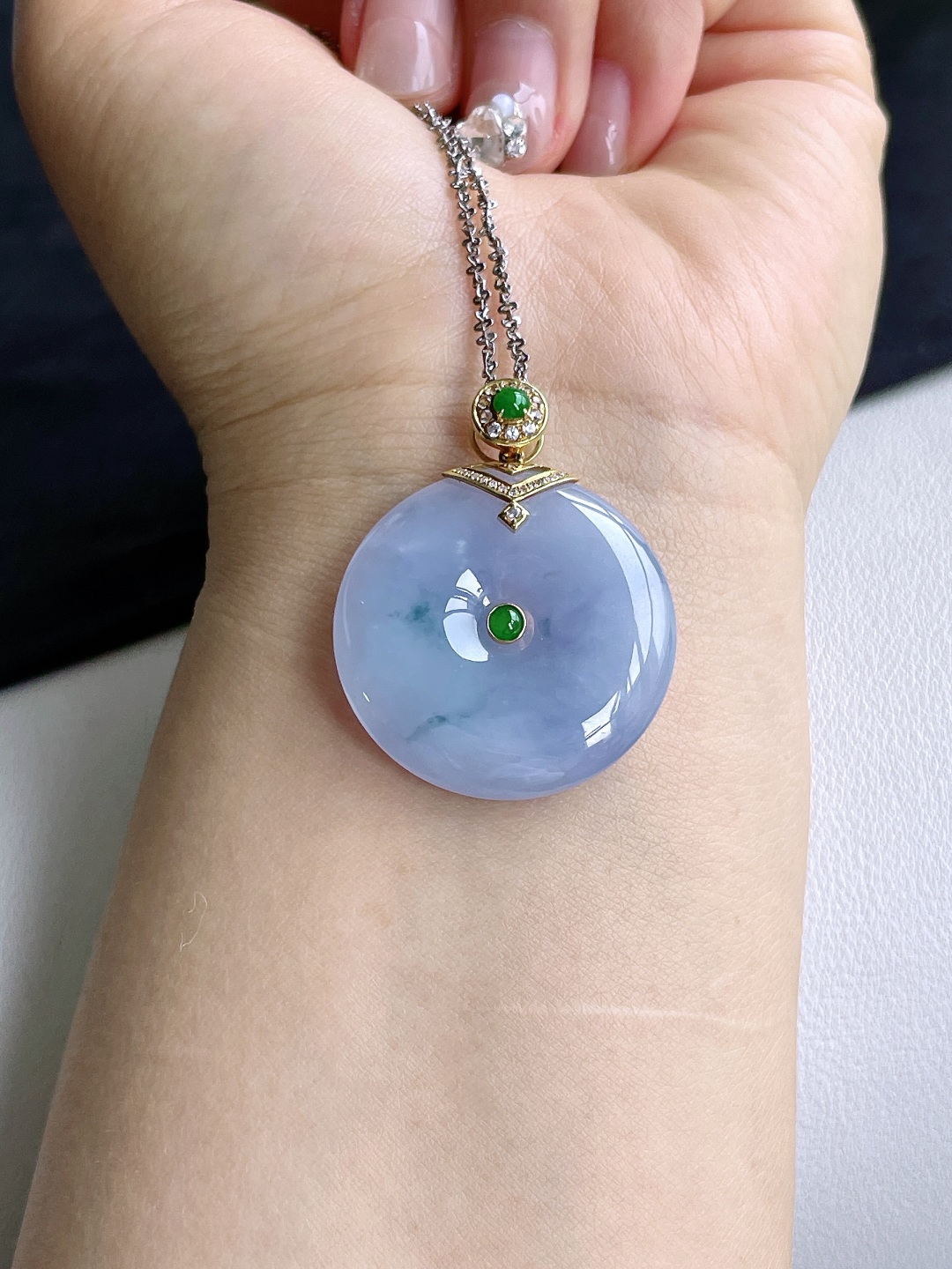 冰平安扣飘花大平安扣吊坠，18k金镶嵌，无裂，性比高，38.8，14克