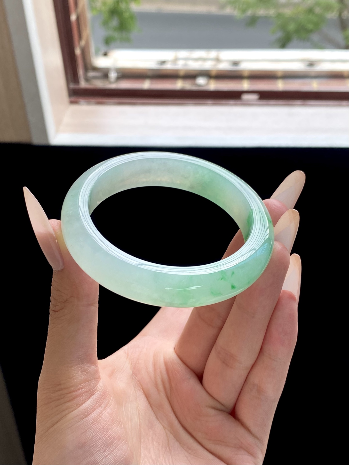 冰种白底青飘绿正圈成品，HYC-435，⭕️56.4-13.5-9.3