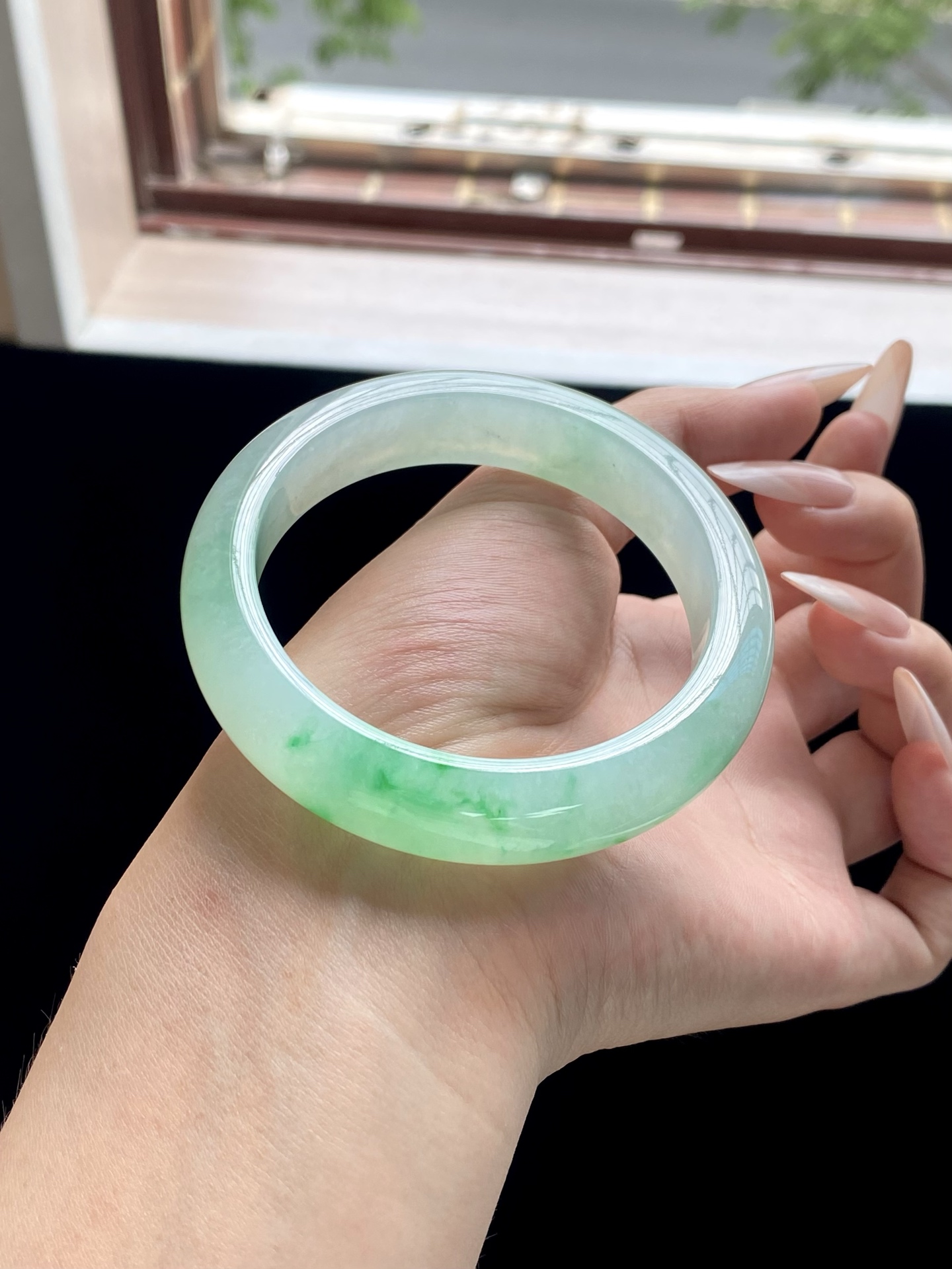 冰种白底青飘绿正圈成品，HYC-435，⭕️56.4-13.5-9.3