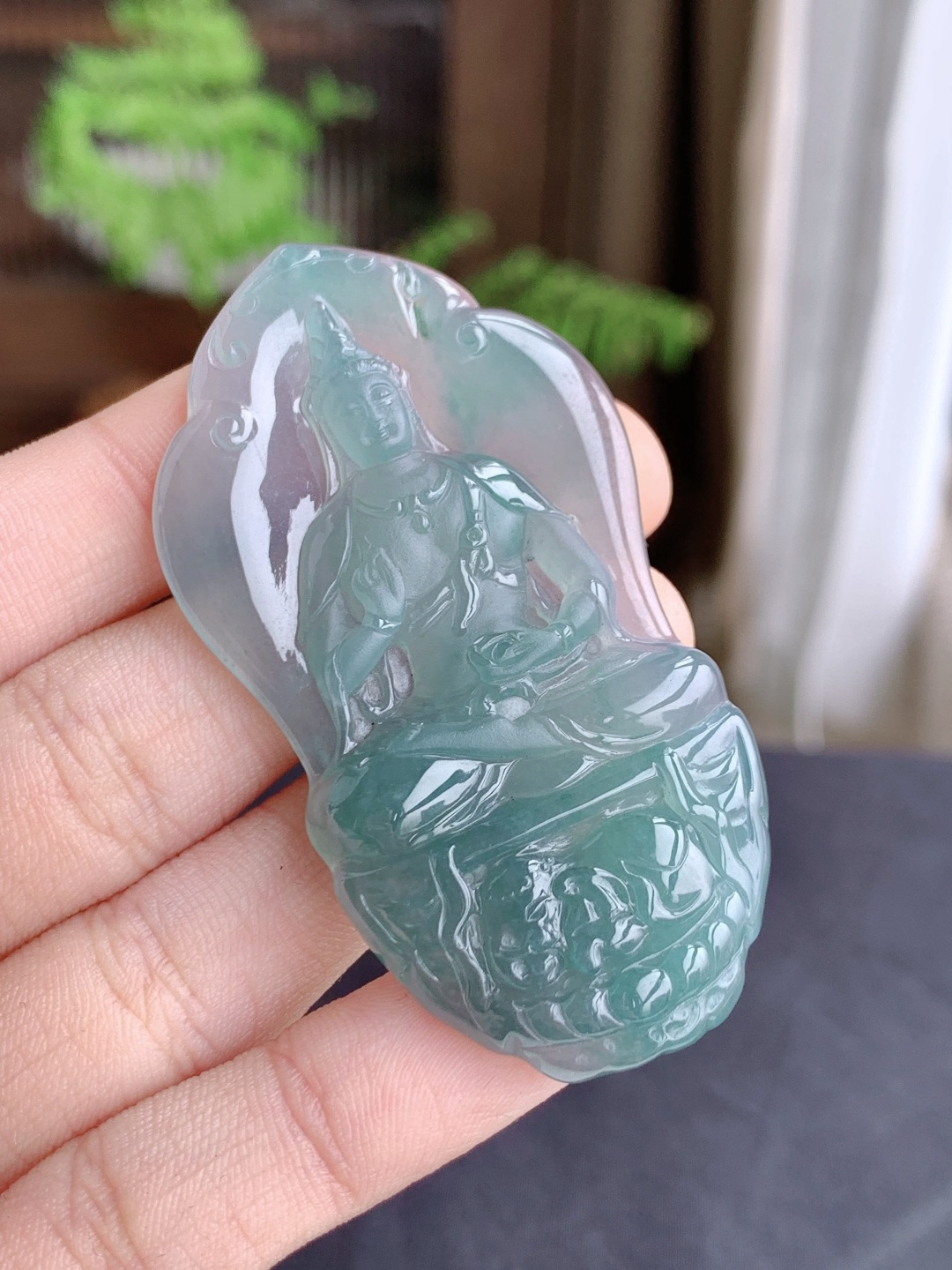 冰天空蓝观音牌吊坠，无裂，性比高，尺寸62.3/33.7/5.6，编号，21.3克