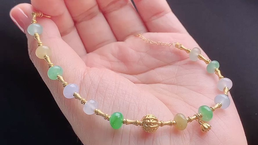 ️天然缅甸翡翠 冰种多彩手链，，18k金镶嵌，重金，6.4/3