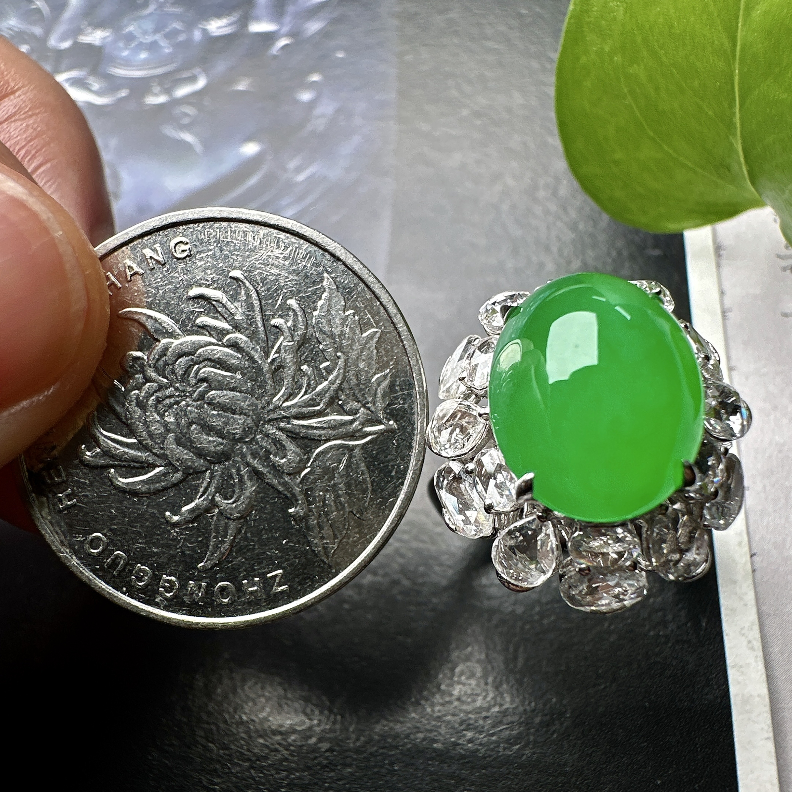 【冰种满绿蛋面戒指】质地均匀细腻，冰润起光，胶感强烈，颜色娇艳，18K金钻精美镶嵌，裸石尺寸12.8*10.2*7.5毫米