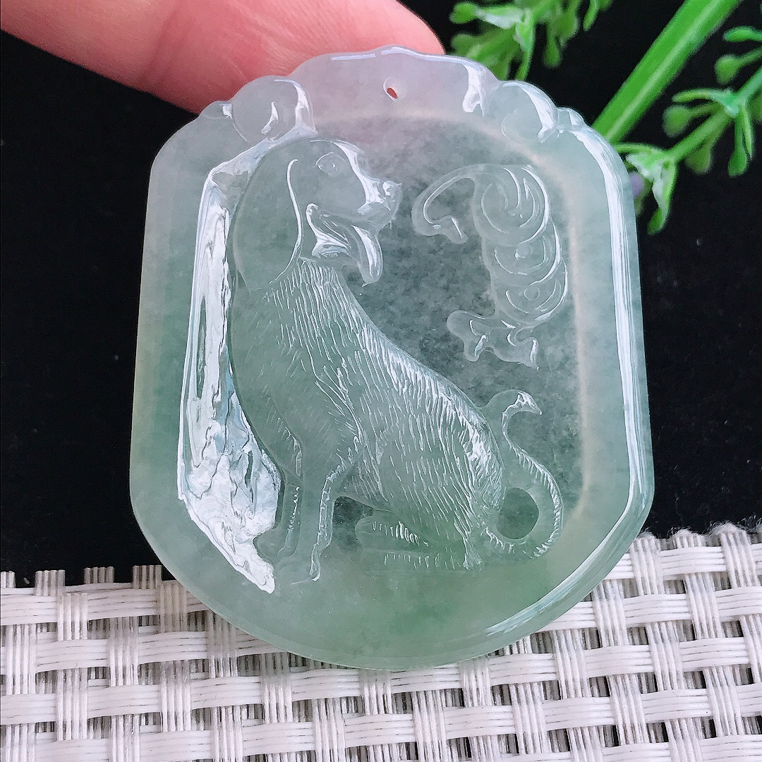 实拍A货翡翠52/44/4.8老坑冰胶果冻冰晴绿生肖狗吊坠翡翠玉挂件旺财