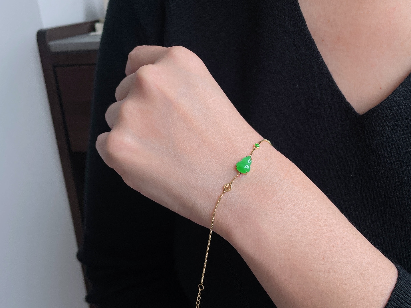 冰种阳绿葫芦手链，18k金镶嵌，，性比高，9.4/7/3，1.3克