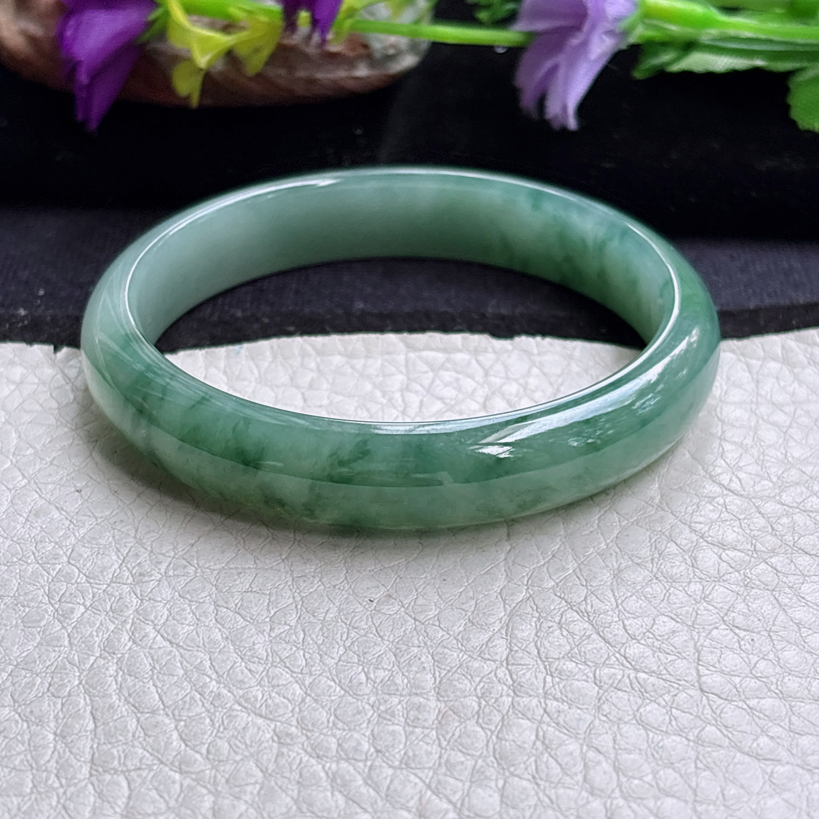 n实拍55*11.3*6.5平安镯 缅甸翡翠a货手镯冰飘花秀气正圈玉镯子