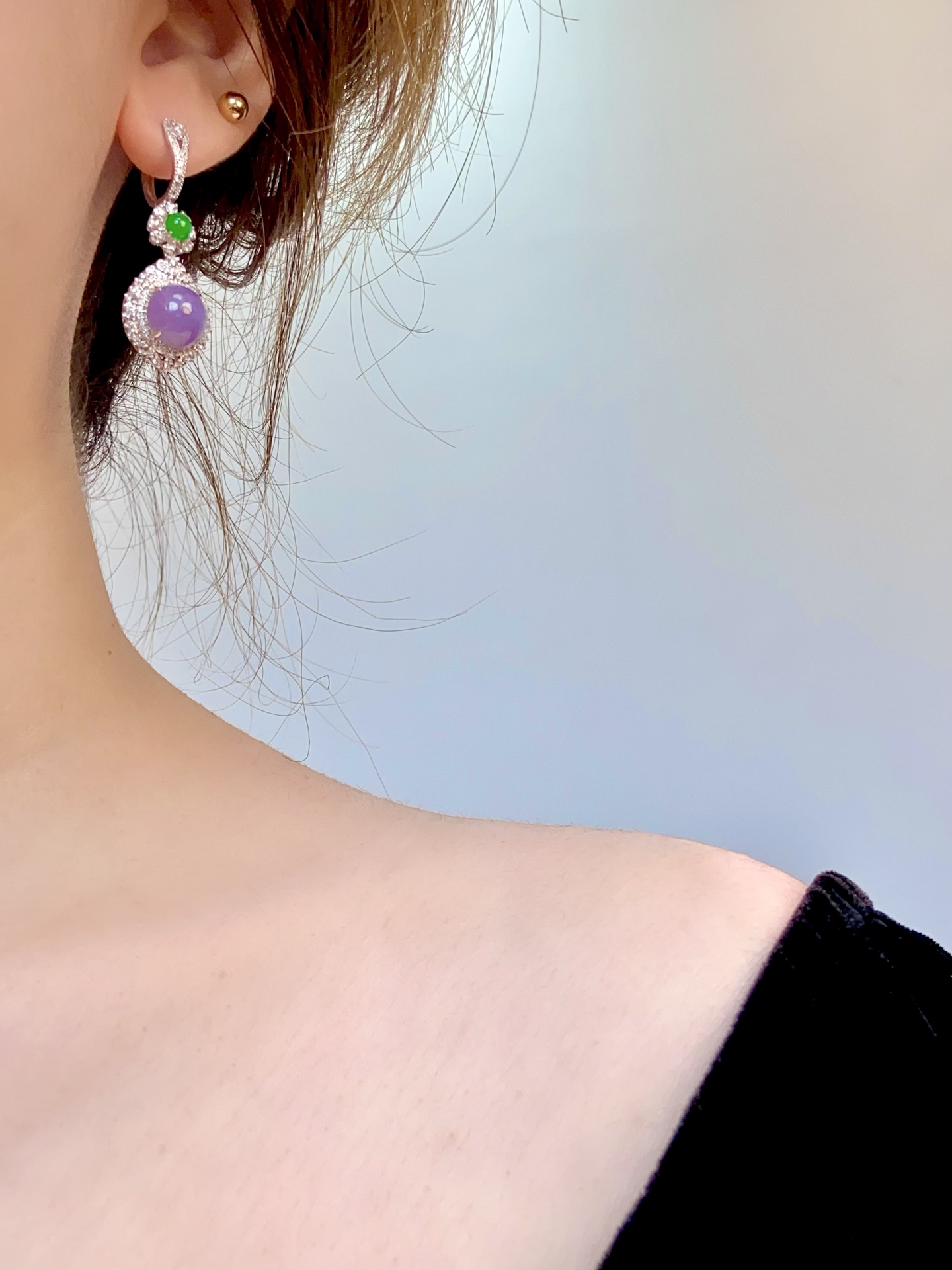 ️冰紫蛋面耳坠，紫气萦绕耳畔，精致又，衬得雍容华贵：41/15/10.2，裸石：9.6-9.7-5