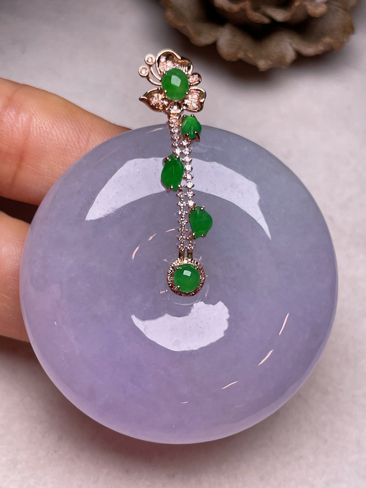 ️ 18k金镶大平安扣，冰糯种满紫，无裂，一手货源整体长54